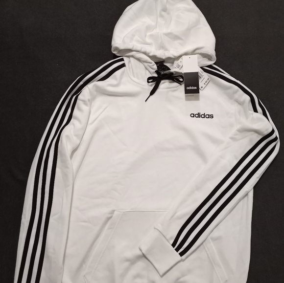 Adidas Hoodie Sweatshirt Mens White 3 Stripes - Picture 2 of 7